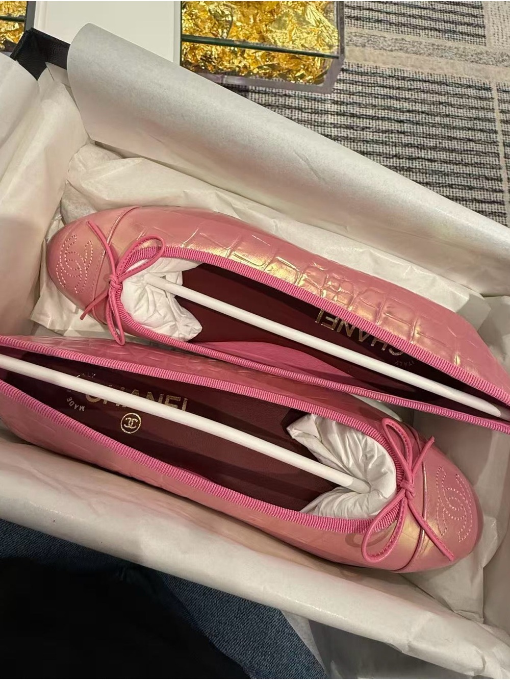 CHANEL Pink Quilted Bow Ballet Flats